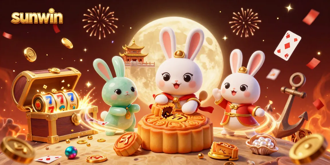 Experience thrilling gameplay at sunwin with a lively 3D scene featuring a lunar rabbit and slot elements.