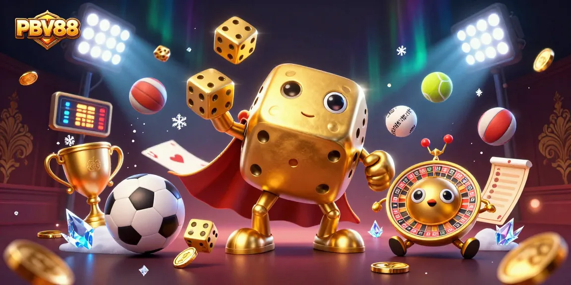 Engage with PBV88's dynamic casino world represented by a golden dice golem juggling dice, amid vibrant game elements.