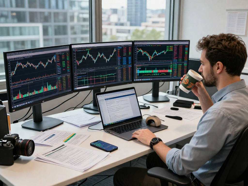 Data analyst examining Frankfurt exchange data feed in a high-tech trading environment.