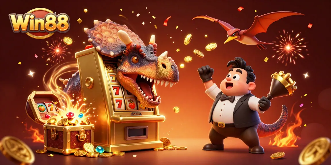 Win88 features a vibrant scene with cartoon dinosaurs celebrating a jackpot at a slot machine.