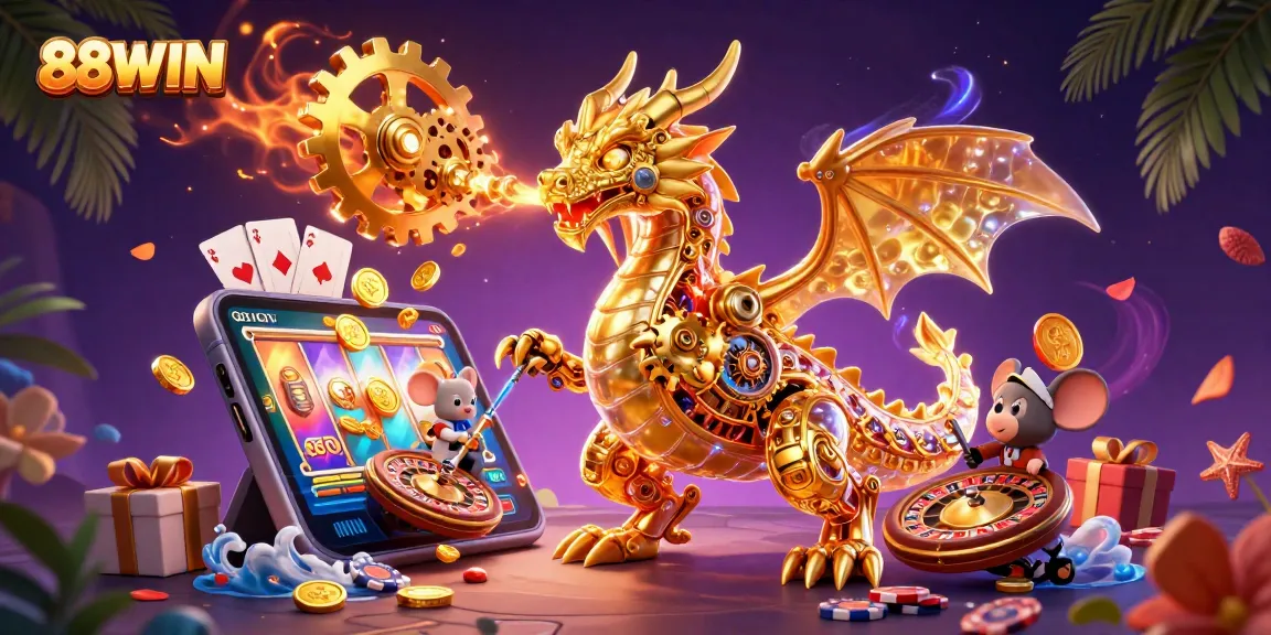 88WIN showcases a vibrant gaming experience with a golden dragon and exciting slots.