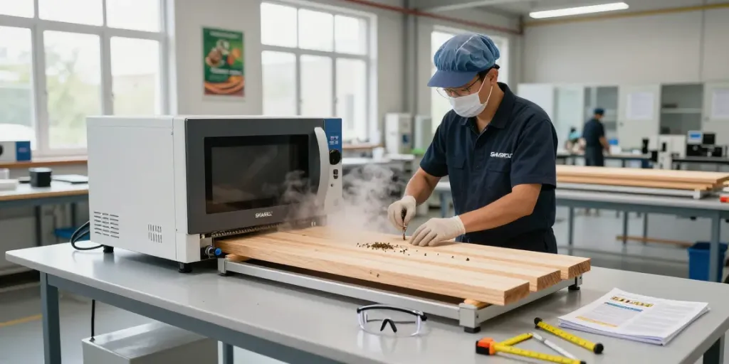 SHASHEL® microwave equipment effectively eliminating woodworms in a clean workshop.