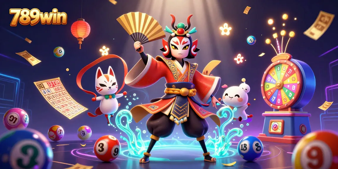 Engage with 789win's vibrant lottery game scene featuring kabuki warriors and colorful prizes.