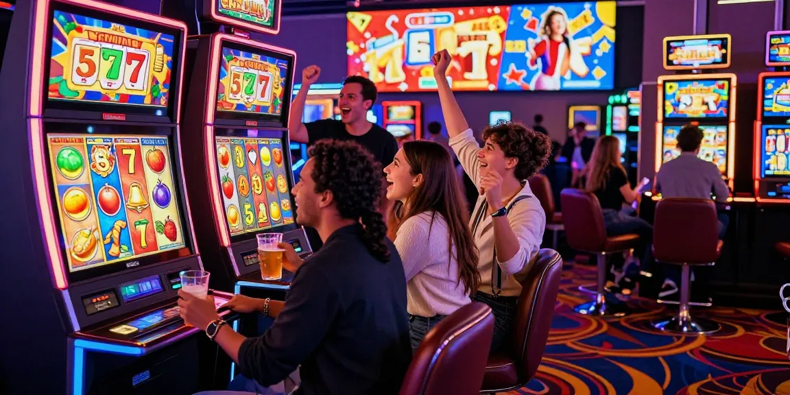 Friends celebrating a jackpot at a slot gacor machine in a vibrant casino.