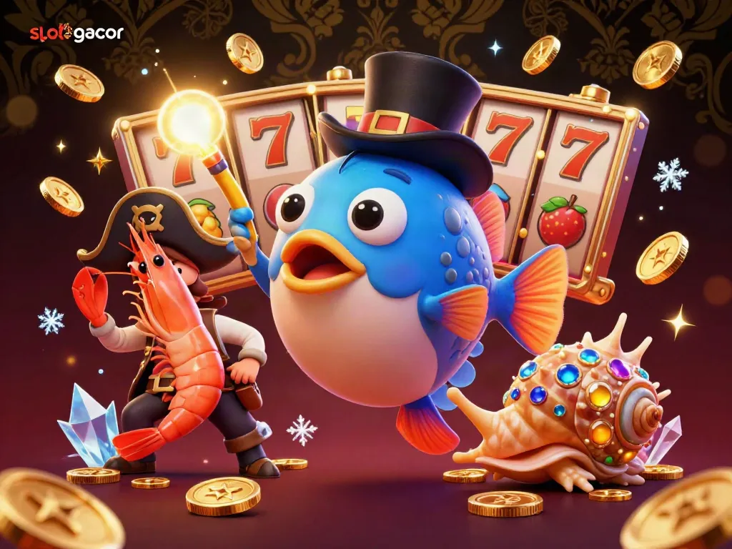 Engage with the slot gacor adventure showcasing a glowing anglerfish and playful characters in a casino-inspired scene.