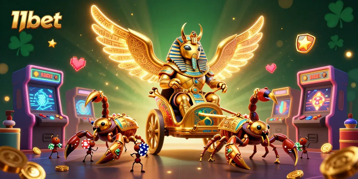 Explore 11bet's vibrant casino world with golden beetles and thrilling gaming elements.
