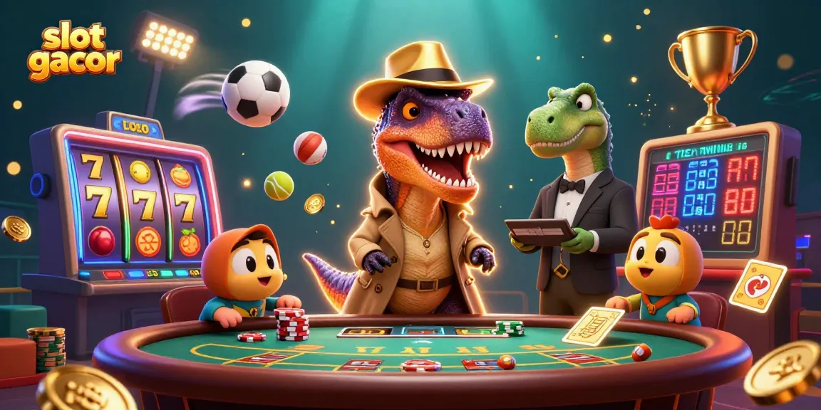 Experience slot gacor action with a cartoon velociraptor at a casino in this vibrant illustration.