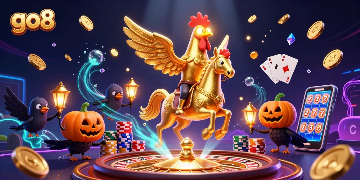 Embark on winning strategies at go8 with a vibrant casino scene featuring a golden rooster and dynamic gaming elements.