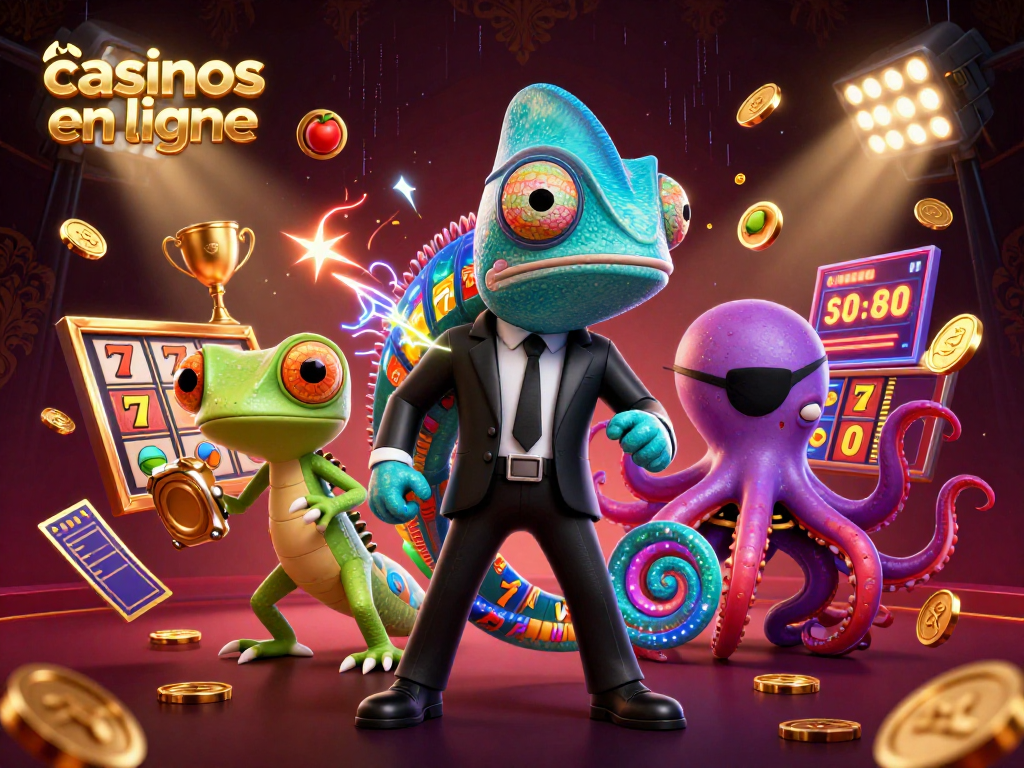 Profitez des casinos en ligne avec ce visuel captivant, illustrant un chameleon secret agent, un gecko tech et une pieuvre.
