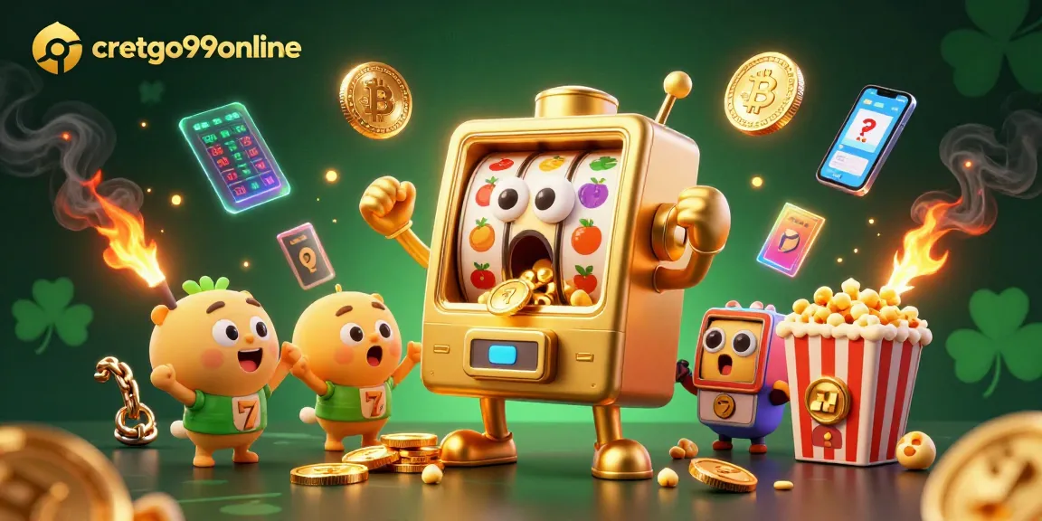 Experience the thrill of cretgo99online with a golden slot machine hitting a jackpot surrounded by cheering companions.