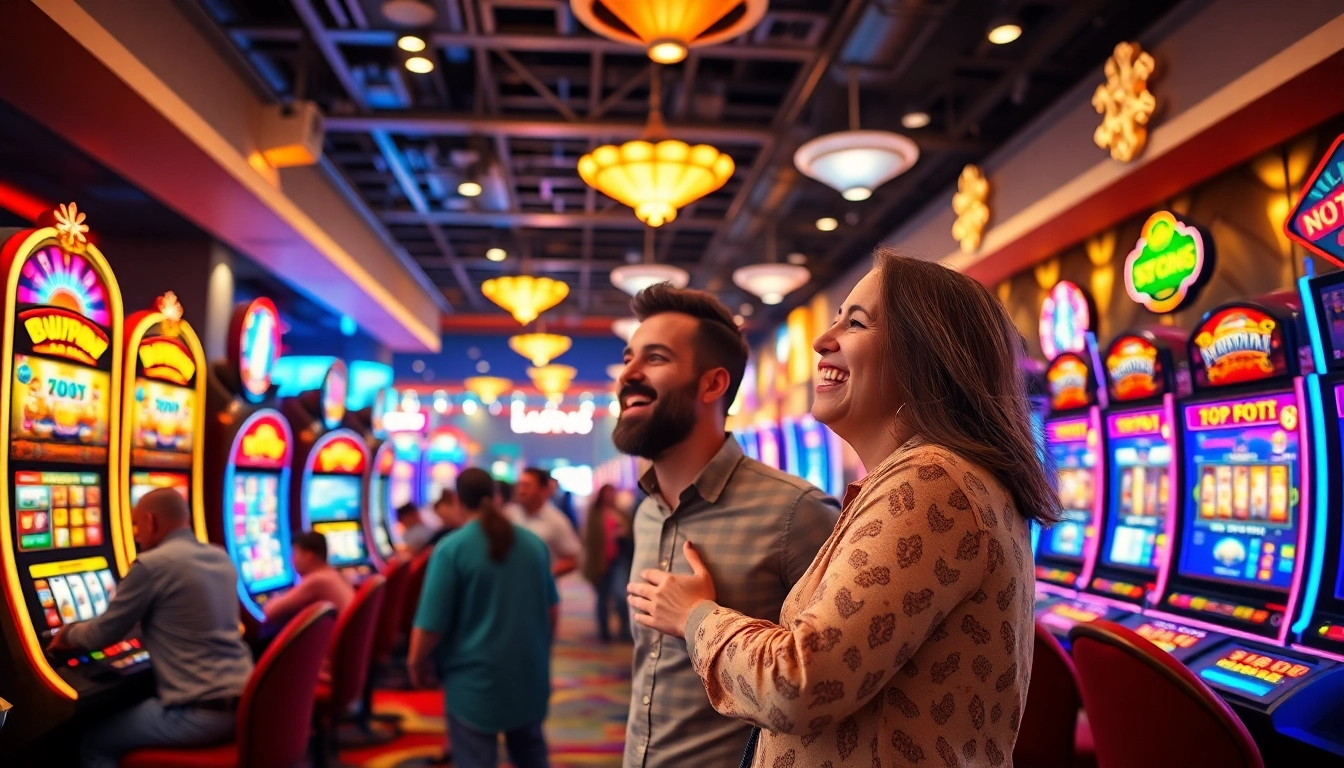 Engaging scene of slot gambling, showcasing players celebrating wins in a vibrant casino environment.