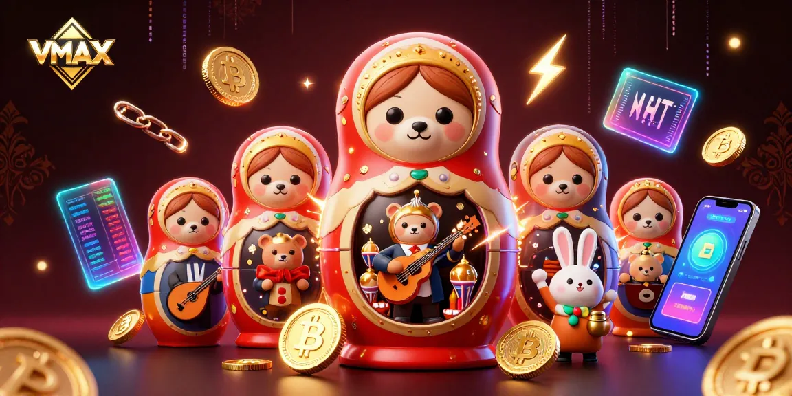 Experience thrilling gameplay with VMAX featuring 3D cartoon bears and crypto elements in a vibrant casino scene.