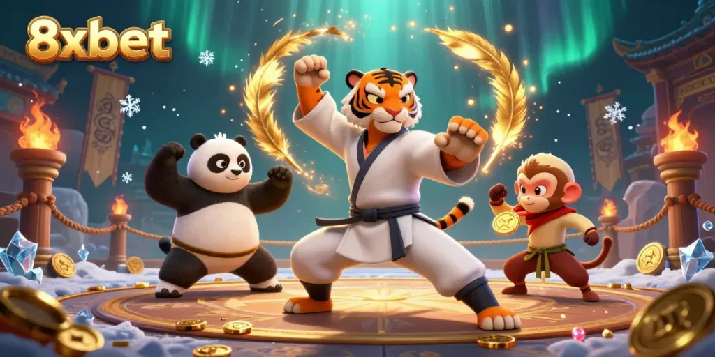 Experience the thrilling world of 8xbet with a kung fu tiger master and his panda disciple in a vibrant casino scene.