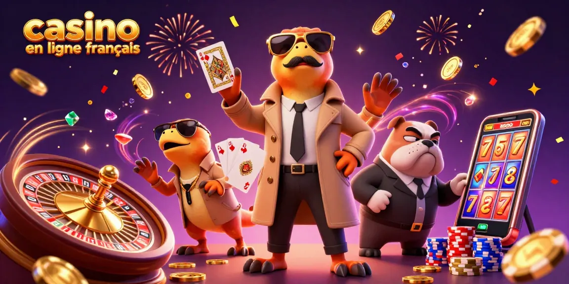 Les raptors en trench coat tentent d'entrer dans un casino en ligne français, entourés de jetons et de pièces d'or.