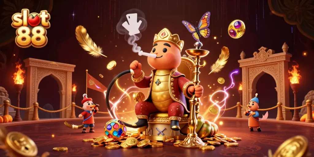 Engage with slot 88 action featuring a vibrant casino scene with golden symbols and playful characters.