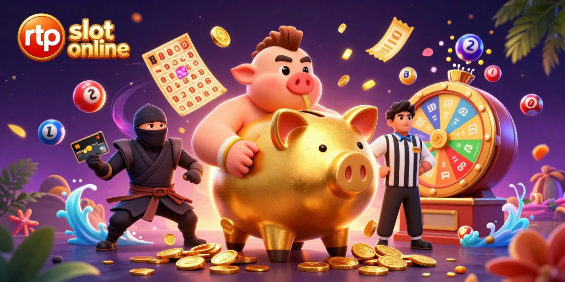 RTP slot online menampilkan karakter unik dalam ilustrasi kasino dengan efek uang emas berjatuhan.