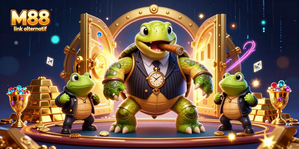 Experience M88 link alternatif with a vibrant, engaging 3D illustration depicting exciting casino elements.