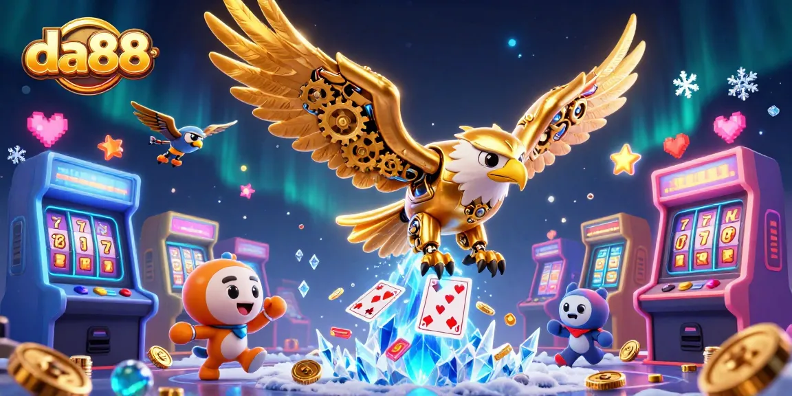 da88 showcases a cybernetic eagle amidst colorful casino elements, diving with holographic cards.