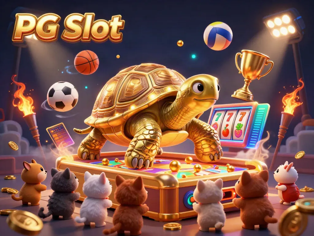 Simak PG Slot dengan ilustrasi 3D yang penuh warna dan elemen mesin slot dalam suasana ceria.