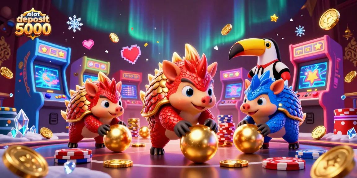 Slot deposit 5000 dengan pangolin bersaing dan mesin arcade dalam suasana kasino ceria.