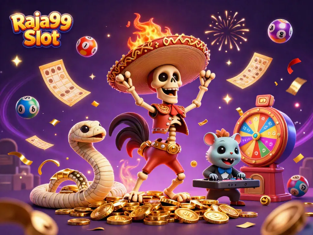 Permainan Raja99 Slot dengan karakter unik dalam ilustrasi 3D menari di atas koin emas.