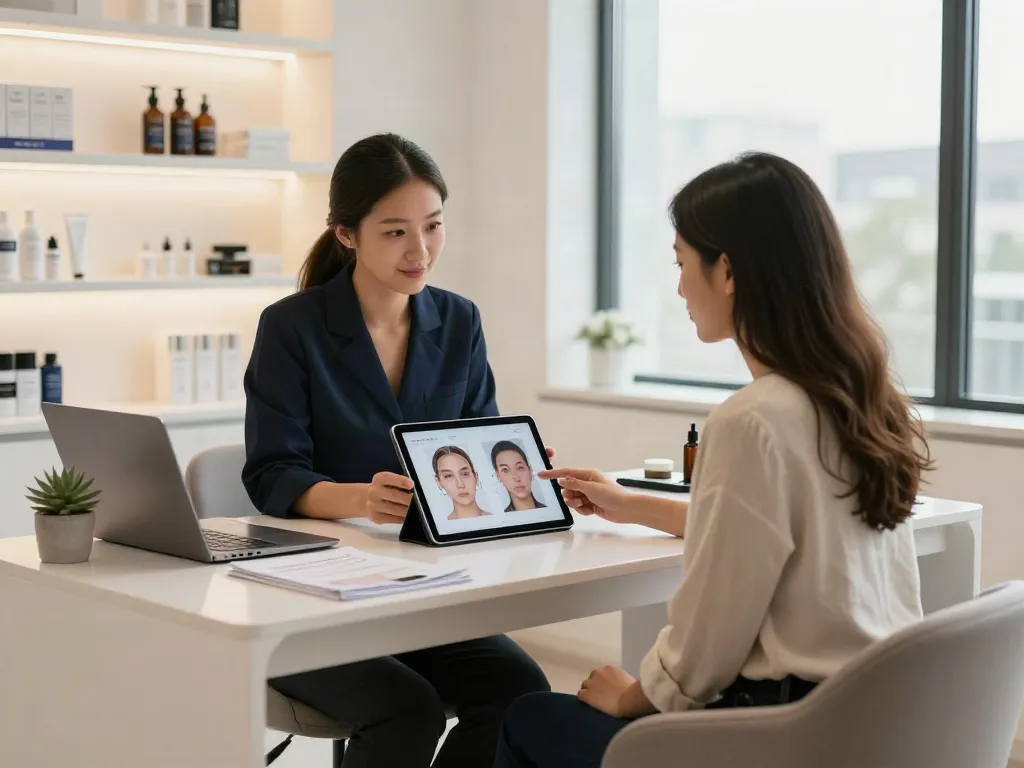 Consultation on Alternatives to QOVES in an aesthetic clinic, focusing on personalized beauty analysis.