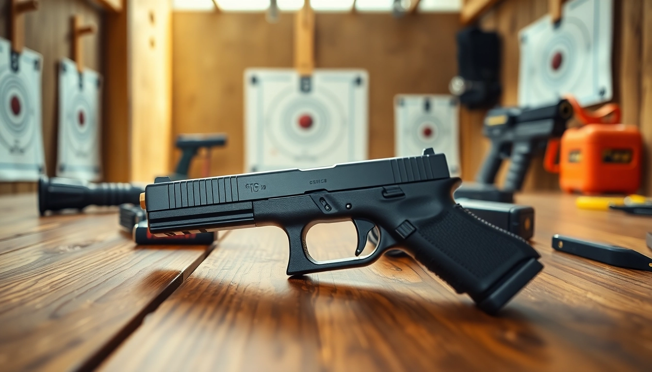 Inspecting the glock 19 slide with its sleek design in a shooting range environment.