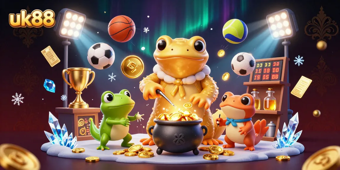 uk88 showcases a vibrant 3D scene of an alchemist and assistants bringing fortune with gold coins and sports elements.