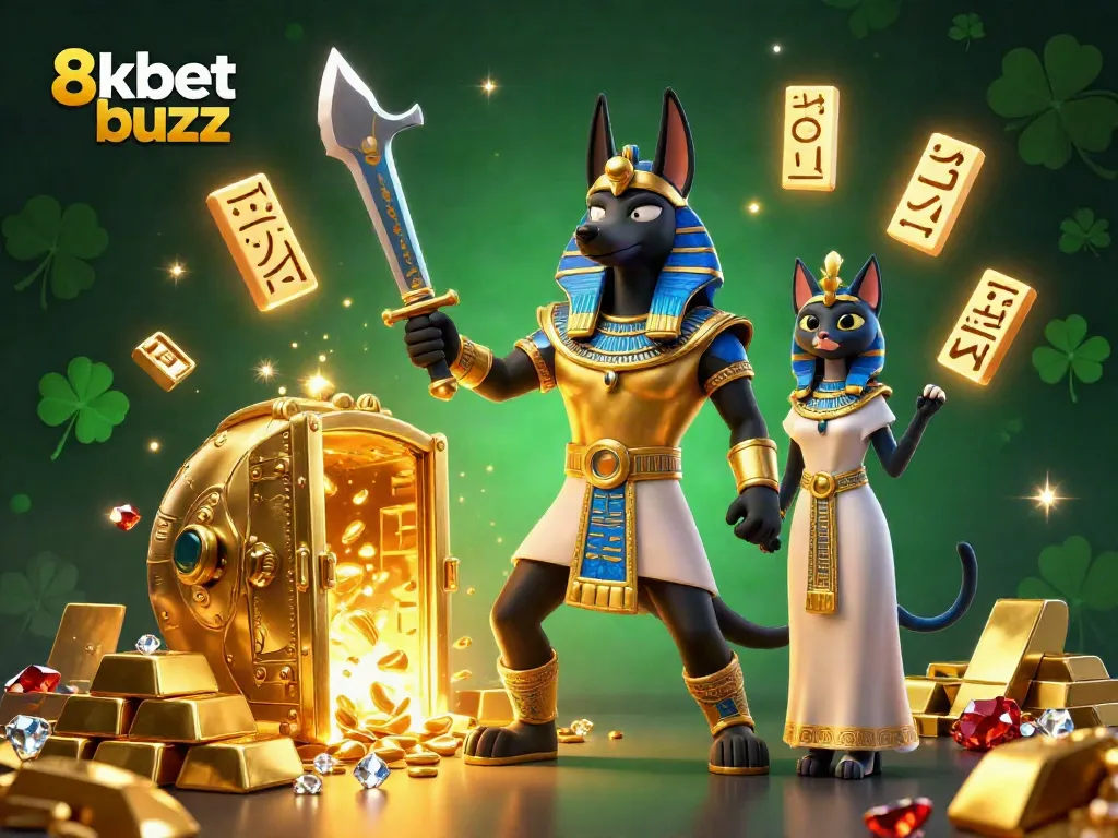 Engage in the excitement of 8kbet buzz with Anubis and Bastet amidst treasure and glowing hieroglyphs.