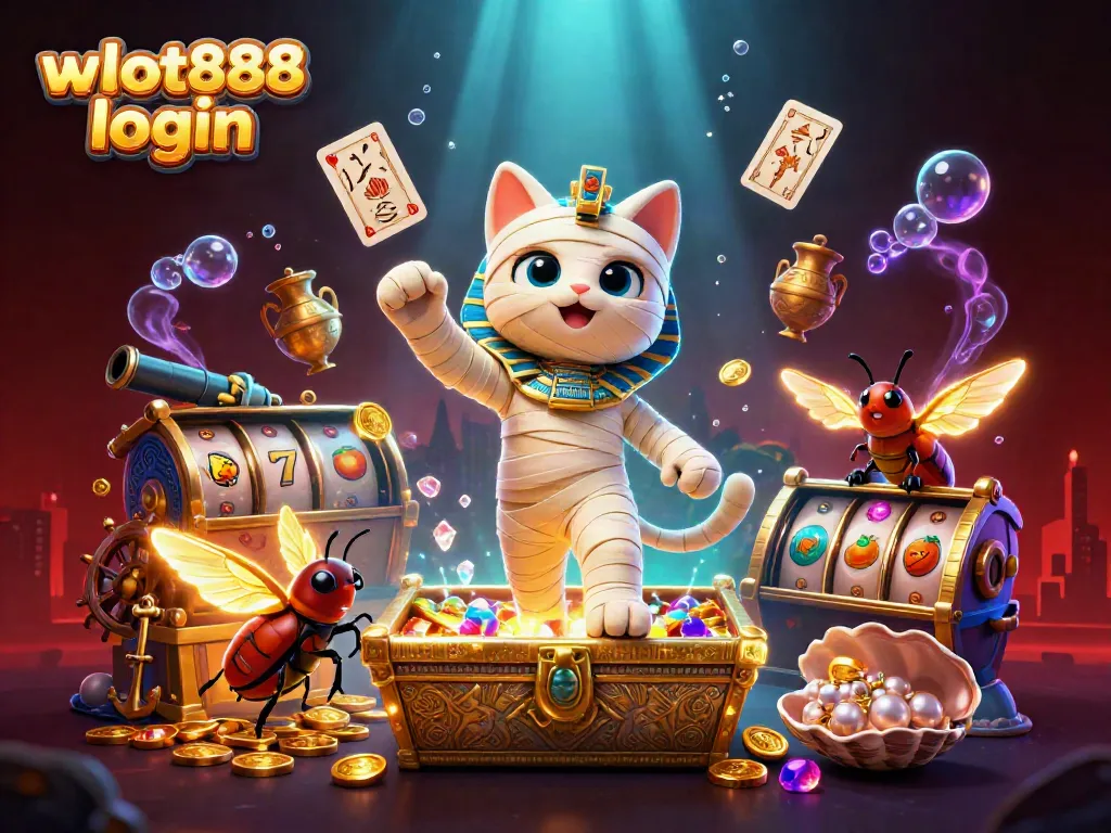 Gambarlah momen menarik dalam wslot888 login dengan kucing mumi dan harta karun kasino.
