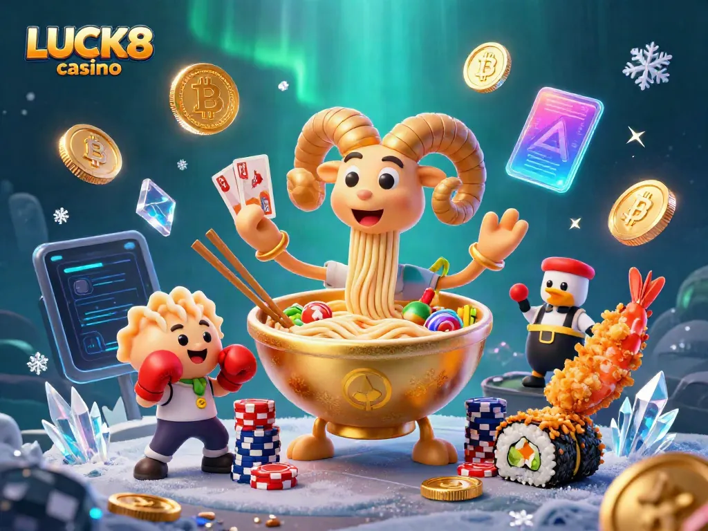 Experience LUCK8 casino with a vibrant 3D illustration featuring animated characters dealing cards and stacking chips surrounded by cryptocurrency elements.