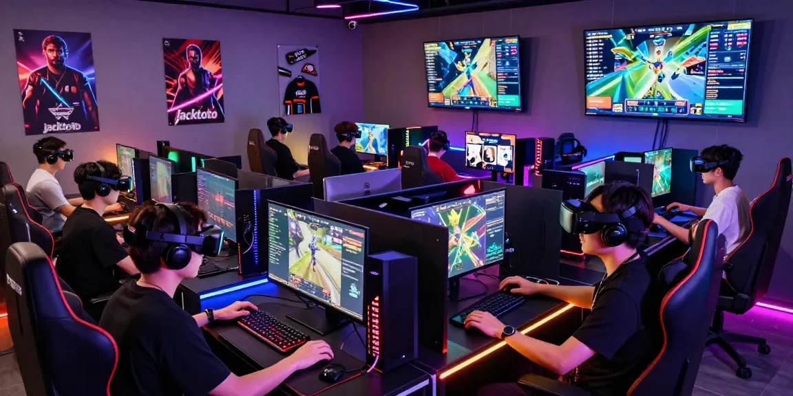 Gamers immersed in jacktoto gameplay in a modern esports arena, showcasing high-tech equipment and vibrant atmosphere.