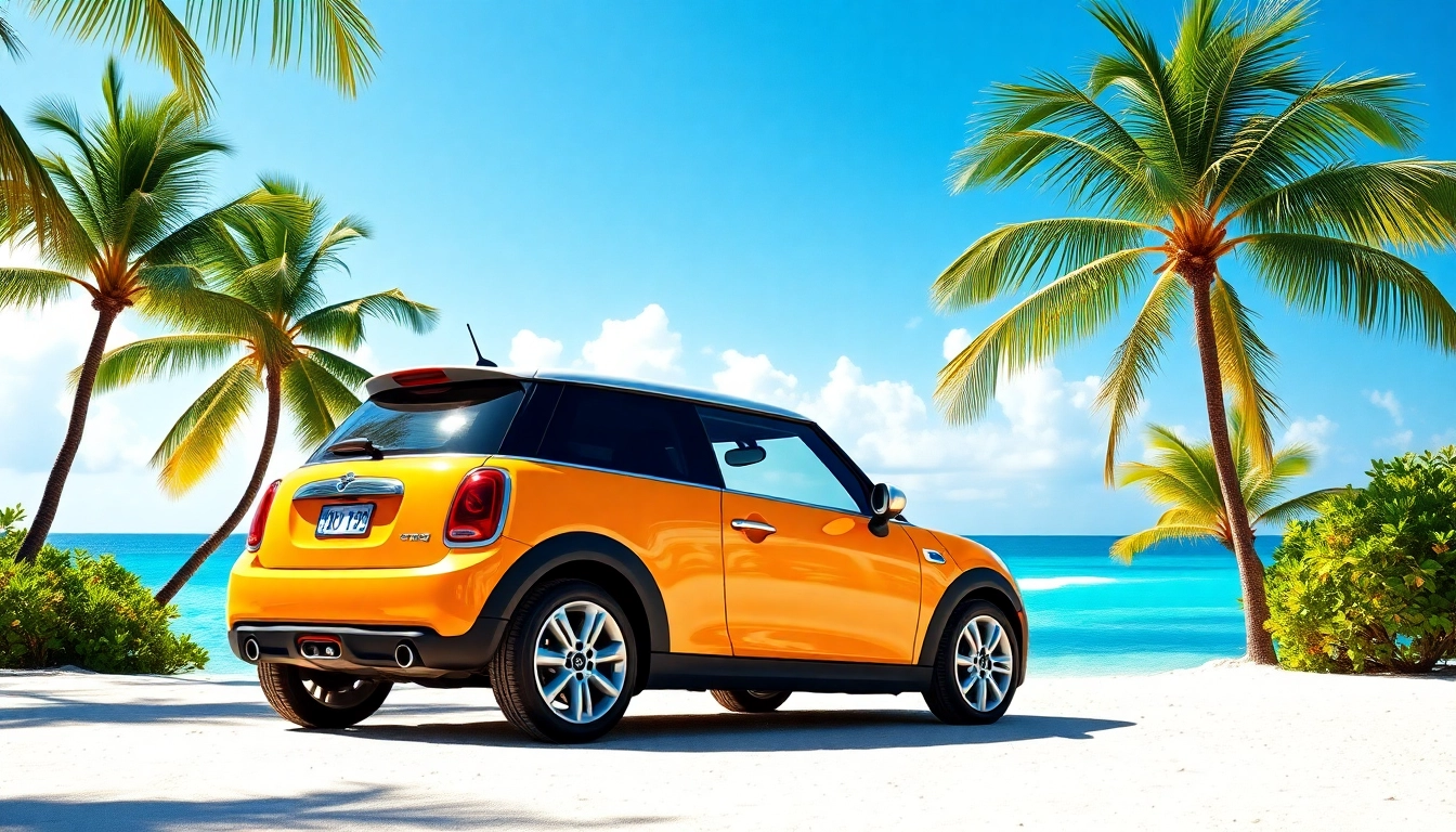 Enjoying a scenic view from a Mini Cooper rental st barths parked on a beautiful beach.