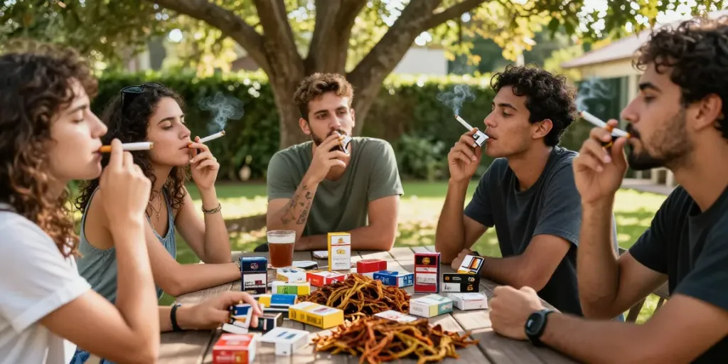 Friends enjoying budget cigarette and top smokes Australia in a garden setting