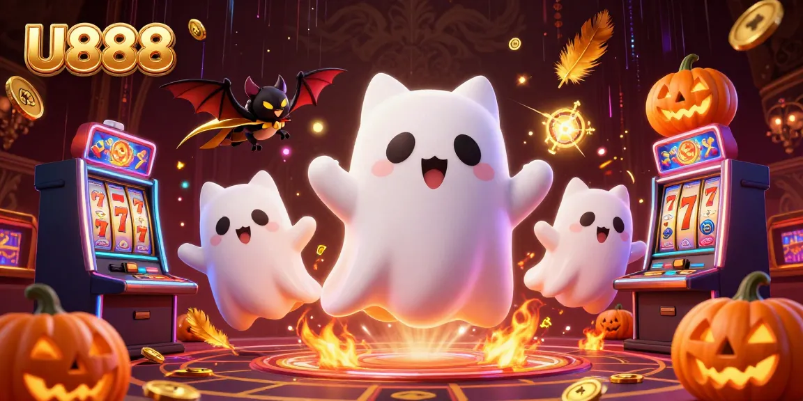 Experience thrilling gaming action in U888's vibrant casino scene filled with ghostly characters, glowing tokens, and festive elements.