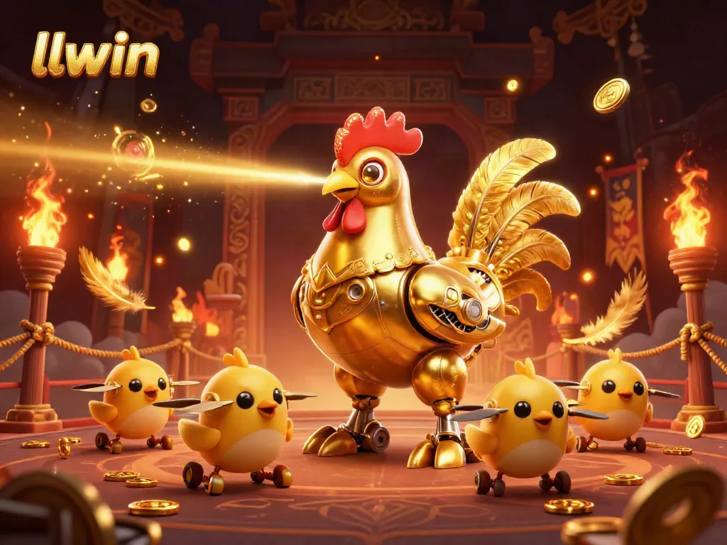 Experience thrilling adventures at llwin with a golden rooster robot and baby chick drones.