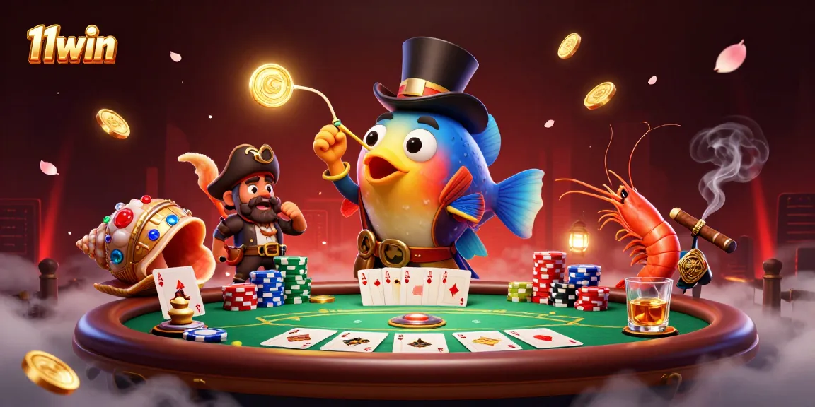 Win big with 11win in this dynamic casino-themed underwater adventure illustration.