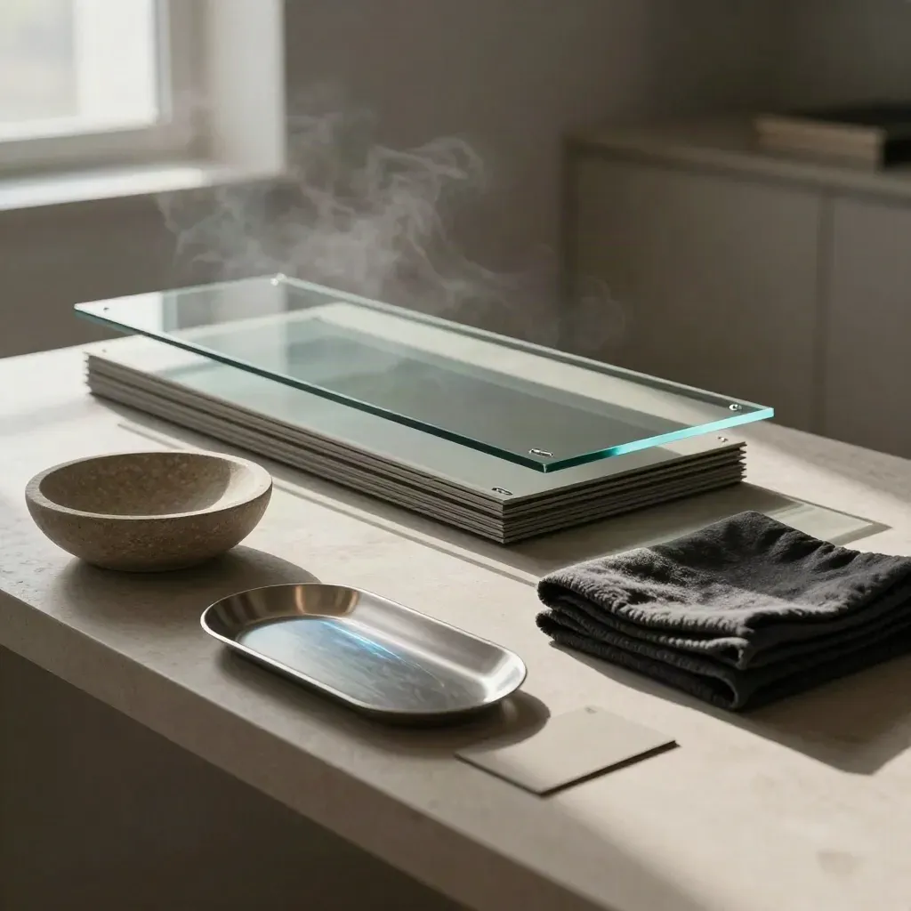 Glass analytics modules with stone bowl, cloth, and metal tray in a sunlit premium workspace.