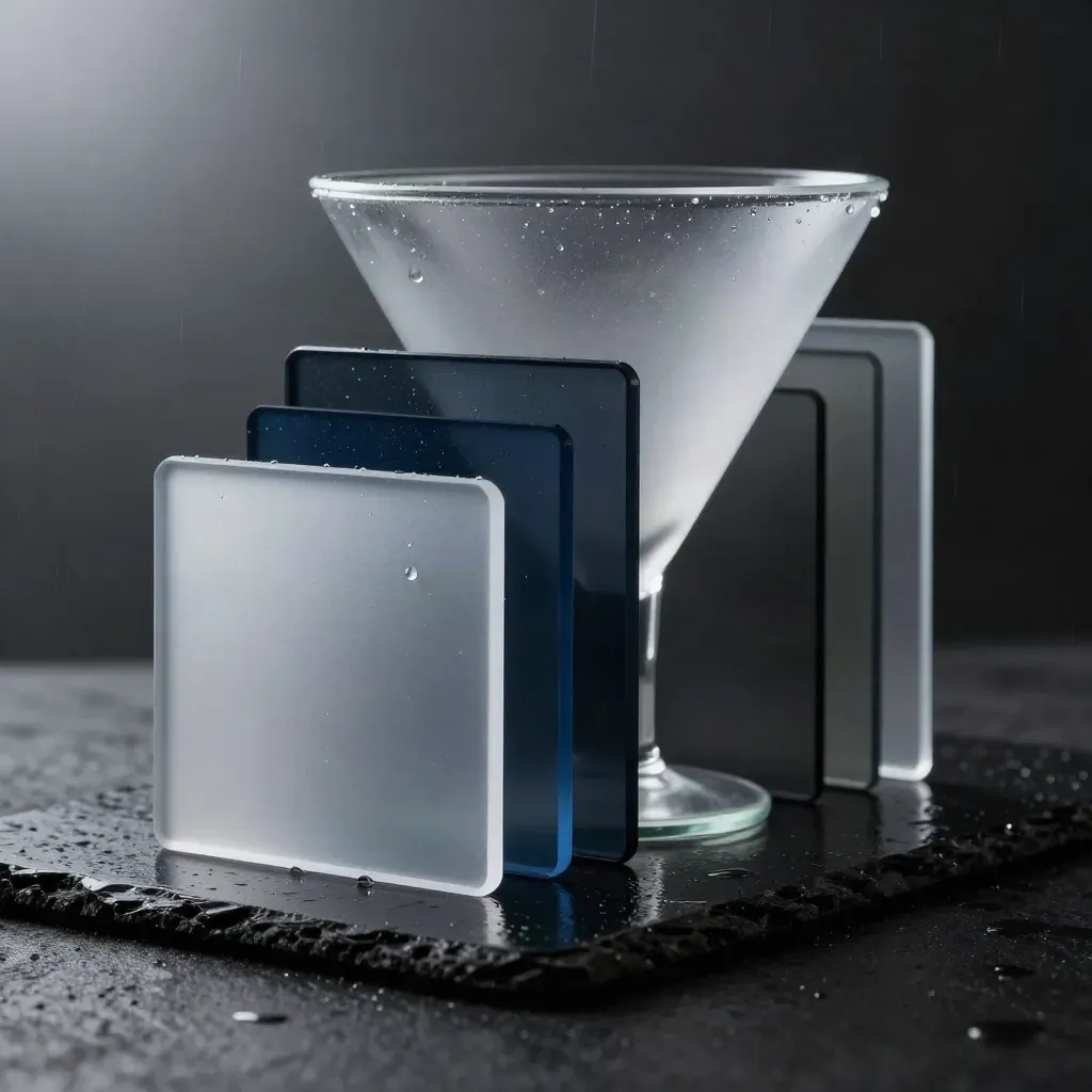 Frosted glass analytics board with layered modules on a black surface in moody rainlit studio