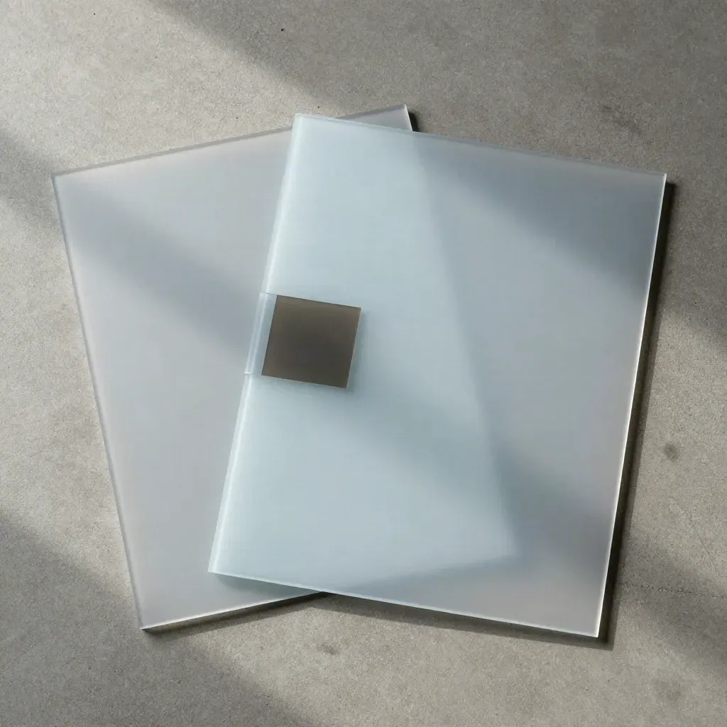 Overhead flatlay of two frosted glass report folios and a comparison tile on concrete