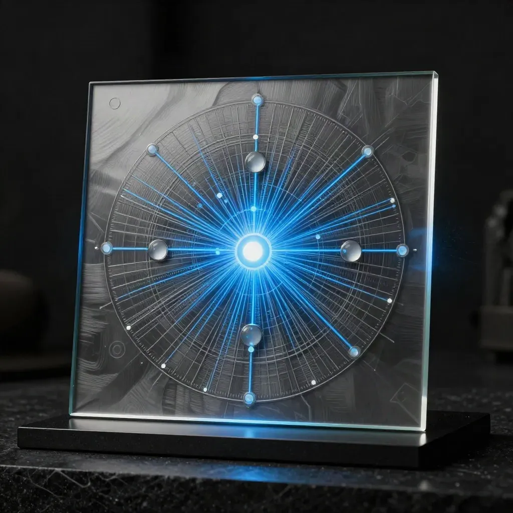 Etched attribution map panel with blue nodes and three linked tokens on a dark studio surface.