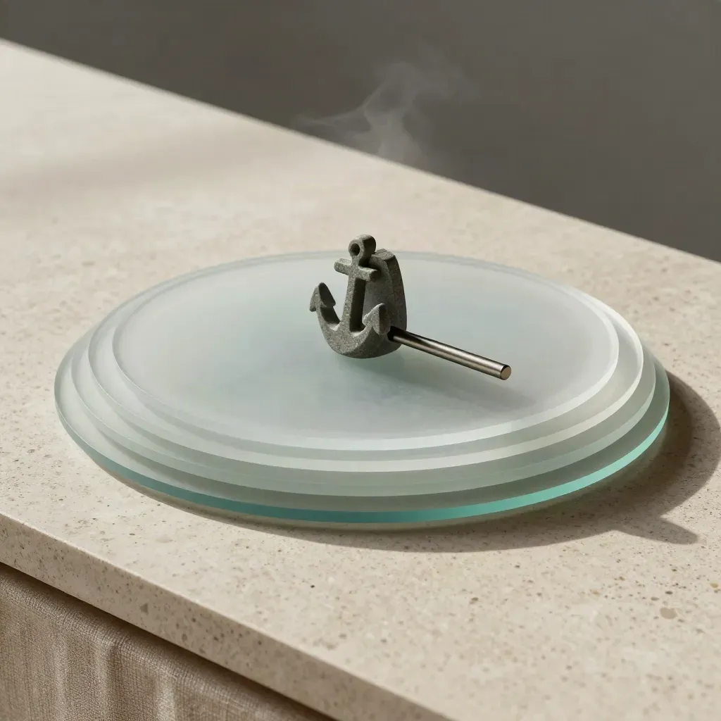 Translucent cohort discs and a stone anchor block on pale travertine with soft daylight.