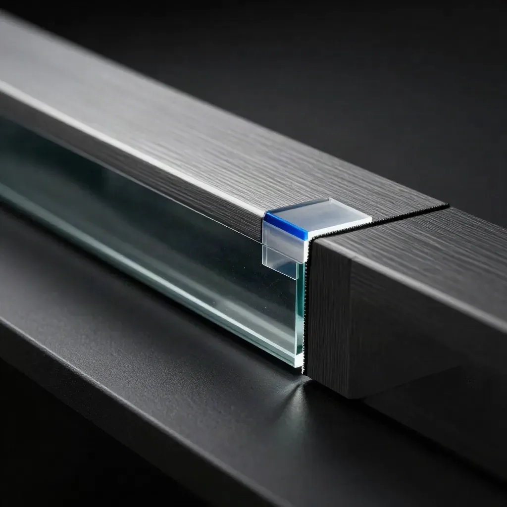 Split glass audit board with two repair tiles on matte-black surface, blue edge glow.