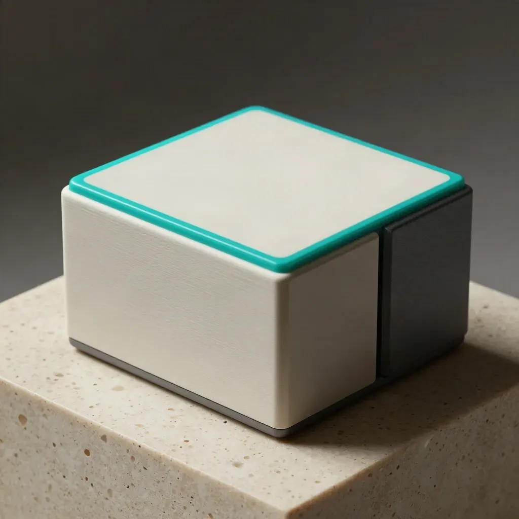Macro of a ceramic alert module with teal edge and two slim companion blocks on travertine