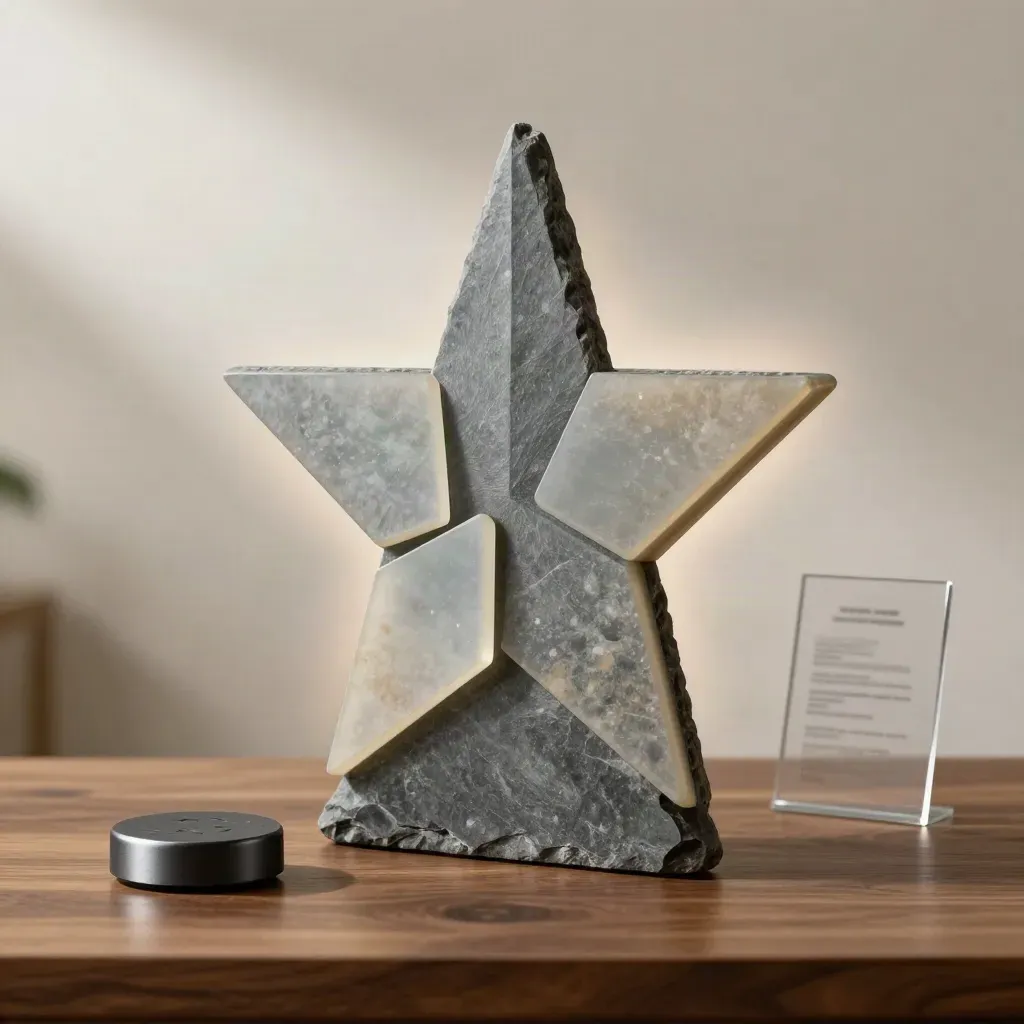 Monumental slate analytics board with four frosted tiles on a walnut plinth, soft studio light.