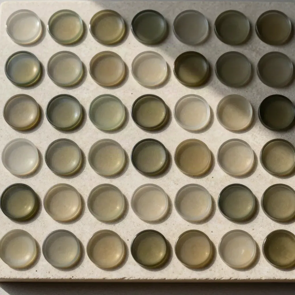 Overhead flatlay of translucent discs and square markers arranged in a cohort grid on pale stone.