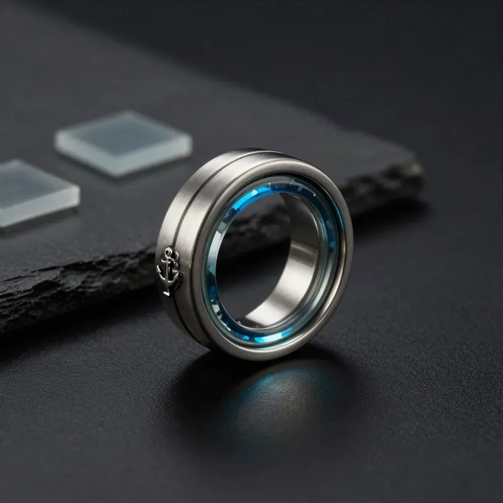 Brushed metal analytics ring with glass bands and a small puck on a dark studio surface.