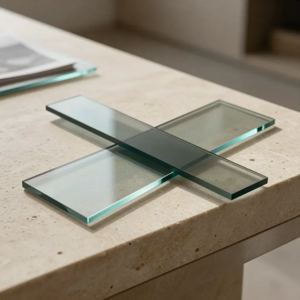 Twin glass split-test modules crossing over a control tile on a pale stone ledge