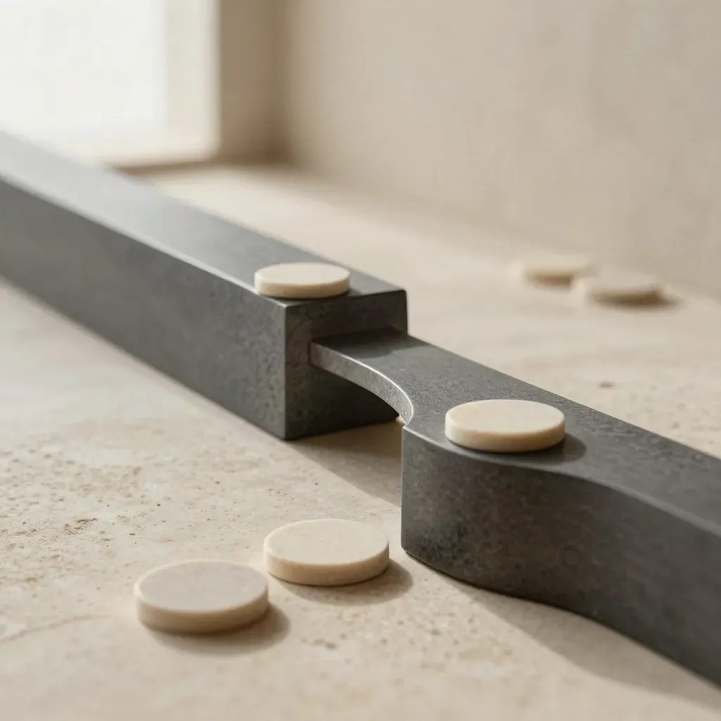 Macro of curved journey-map panels, stepping tokens, and a bridge piece on a pale limestone floor.