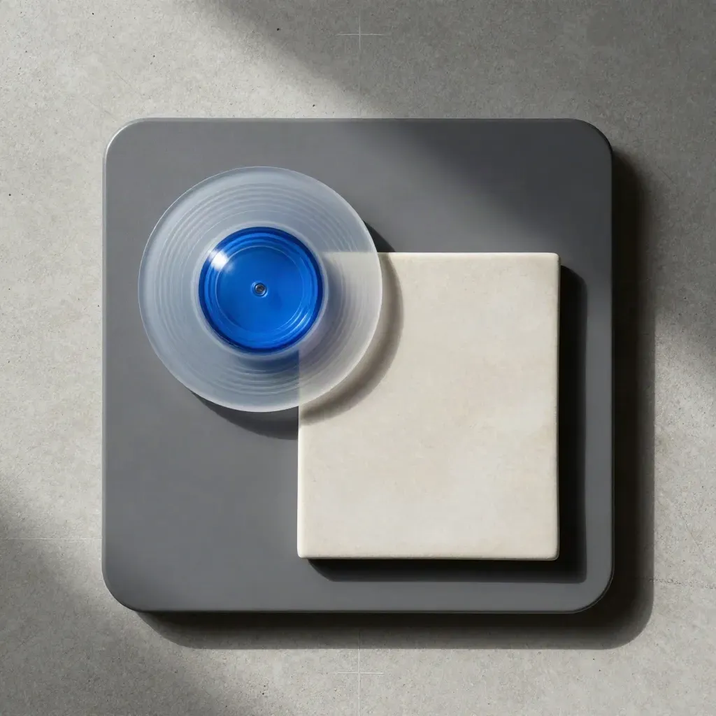 Top-down analytics starter kit on concrete with graphite board, alert puck, cohort disc and folded tile.